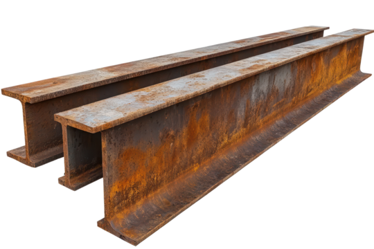 Detailed view of rusty steel beams showing corrosion and wear at a construction site in the early morning light