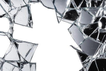 Shattered reflection revealing fragmented pieces of a broken mirror in a dimly lit room during late evening hours