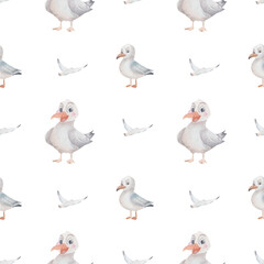 Seamless watercolor pattern with smiling seagull and flying bird in the distance. Children marine theme. White background, hand-drawn. Marine creatures for children.