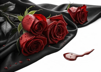 Blood-red roses on black fabric background