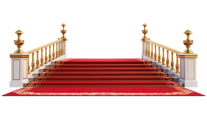 Luxurious Red Carpeted Grand Staircase with Golden Railings Isolated