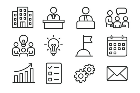 Corporate Restructuring Icons. Leadership in action during corporate restructuring. Line outline icon set of