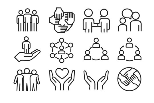 Corporate Leadership Icons. Leadership in action during corporate restructuring. Line outline icon set of