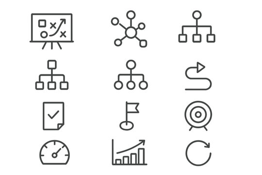 Corporate Leadership Icons. Leadership in action during corporate restructuring. Line outline icon set of