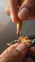 A close-up shows hands carefully sharpening a pencil, with shavings scattered below