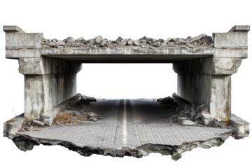 Collapsed concrete bridge over road creates hazardous ruins in abandoned urban landscape