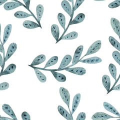 Watercolor seamless pattern with green branch on white background. Delicate botanical illustration, perfect for fabric, wallpaper, wrapping paper, and natural design projects.