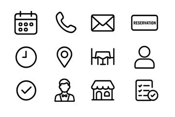 Restaurant Booking Icons. Restaurant booking. Line outline icon set of restaurant booking: calendar, phone,