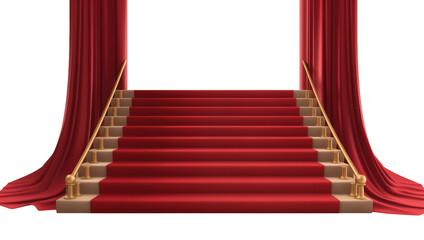 Grand Red Carpet Staircase with Gold Railings and Velvet Curtains Isolated