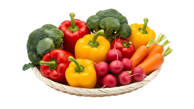 A healthy basket of vibrant raw vegetables like peppers, broccoli, and carrots with a transparent background