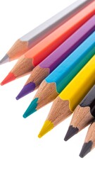 A close-up studio shot of several sharp, colorful pencils angled on a bright white background