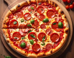 A close-up, top-down view of a freshly made pepperoni pizza on a wooden board