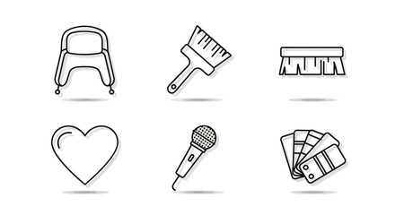 Outline icons of furniture, tools, and entertainment on white background