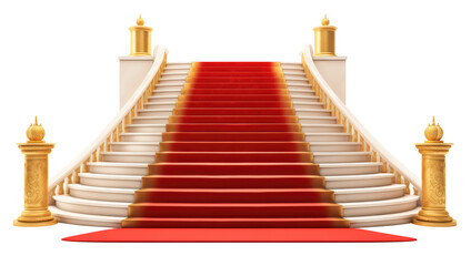 Luxurious Red Carpeted Grand Staircase with Golden Railings Isolated