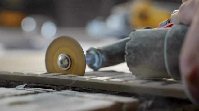 Worker is cutting ceramic tile with an small electric angle grinder. Workshop or renovation site, focusing on craftsmanship, precision, and manual labor.
