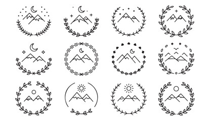 Artistic nature emblem pack with mountains, moons, and wreaths &mdash; perfect for camping or outdoor branding