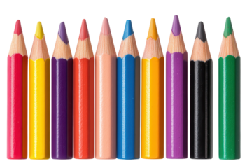 Collection of colored pencils arranged in a vibrant line showcasing various hues from yellow to black against a simple background