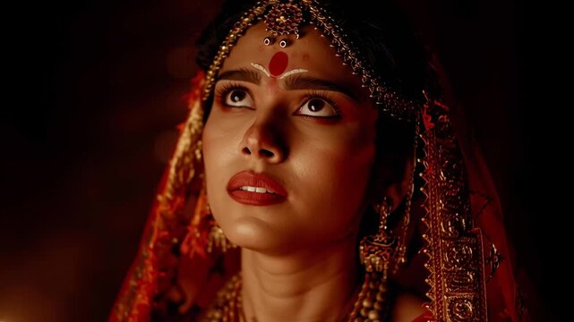 A woman in a red sari is praying in front of a candle. Concept of spirituality and devotion
