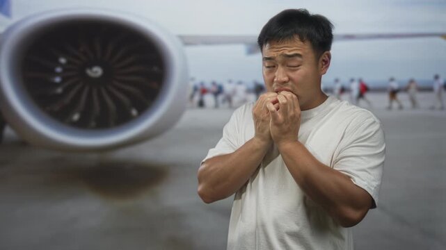 Young chinese man biting nails in front of a jet engine at busy airport terminal with blurred travelers in background; anxiety.