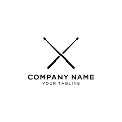 A minimalist black and white logo featuring two crossed drumsticks forming an X shape above company name text.