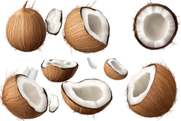 Collection of fresh coconuts showing whole and halved shells on a light background perfect for tropical themes and culinary uses