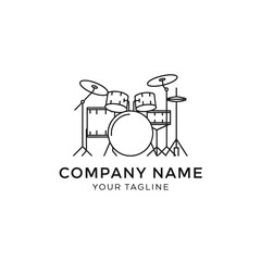 A minimalist line art logo of a drum set, suitable for a music school, band, or recording studio.