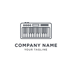 A minimalist black and white line art logo of a synthesizer keyboard with the text COMPANY NAME and YOUR TAGLINE below.