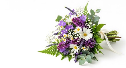 Obraz premium Elegant Bouquet of Purple and White Flowers on White Background.