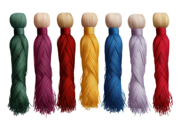 Colorful embroidery threads lined up in various shades displayed on a white background for crafting and sewing projects in a creative workspace