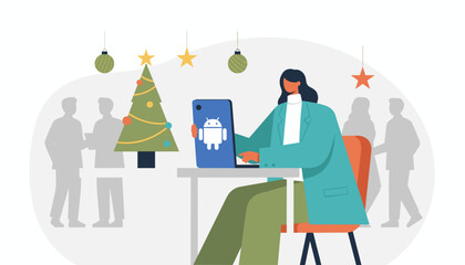 Businesswoman uses Android tablet during the festive Christmas season in the modern office