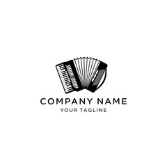 Black and white logo design featuring a classic accordion musical instrument with sample text.