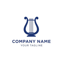 A dark blue harp logo with the text 