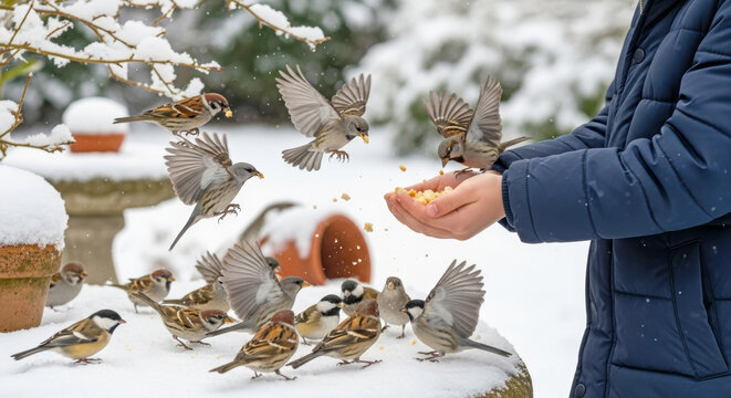 Children feeding birds during winter in a snowy outdoor park