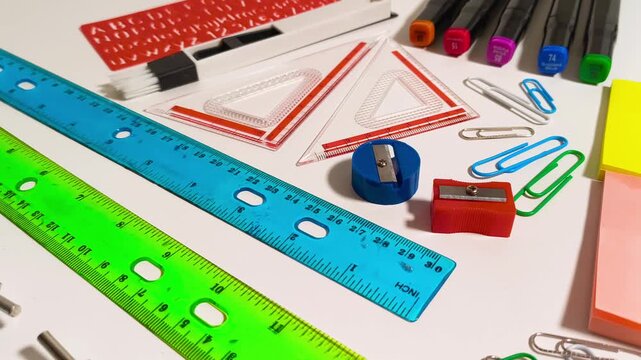 Back to school supplies with scissor, books, markers, colored pencil crayons, gel pens, ruler, sharpener, compass, calculator, notepad, stationery on table for education, student, children, learning