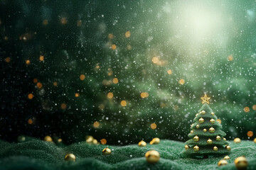 Naklejka premium Sapin de Noël miniature décoré de boules dorées sur fond vert scintillant avec neige et lumière diffuse, ambiance hivernale et féérique, Noël et fêtes de fin d’année avec espace négatif copyspace