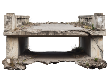 Collapsed concrete bridge over a road showing extensive damage caused by neglect and weather