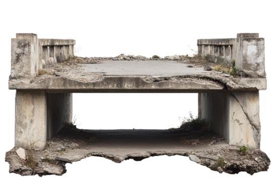 Collapsed concrete bridge over a road showing extensive damage caused by neglect and weather
