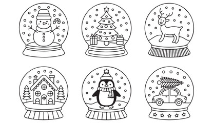 Festive black and white Christmas snow globe vector set with snowman, reindeer, and decorated tree illustrations