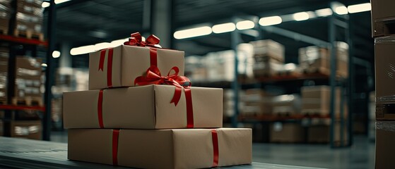 Boxes wrapped with red ribbons fill the warehouse, while a printer stands by, ready to assist with sale and shipping tasks