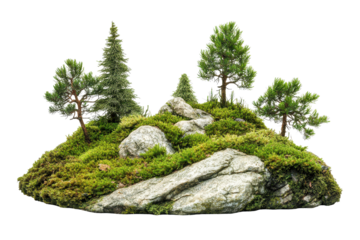 Miniature landscape model features realistic trees and moss with rocks creating a serene natural setting indoors