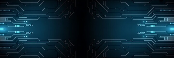 Circuit blue board texture on black technology web banner background. AI chip innovation concept. Tech pattern on a futuristic backdrop.