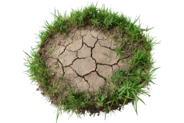 Cracked earth patch surrounded by vibrant green grass in a colorful natural setting during daylight