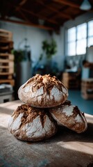 A variety of freshly baked bread is neatly arranged on a cloth. Brown eggs and more bread can be seen in the setting