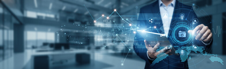 Businessman using tab analyzing growth graph data on open data, public datasets, data transparency, government analytics, information sharing, data-driven decisions, and digital information access.