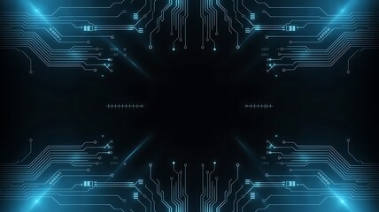 Circuit blue board texture on black technology web banner background. AI chip innovation concept. Tech pattern on a futuristic backdrop.
