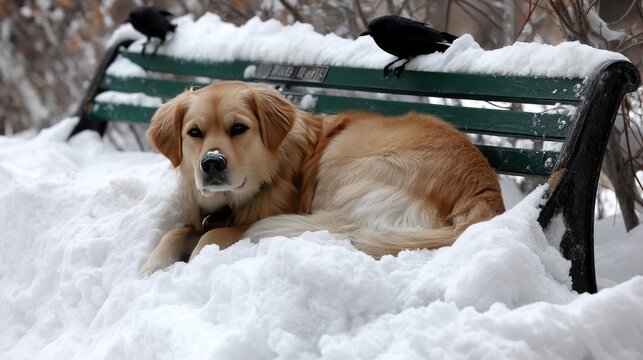 A dog lies peacefully on the ground as snowy scenes surround it, with two crows perched on the bench above
