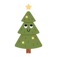 Vector illustration of cute Christmas tree with star on top, smiling face, round yellow ornaments, and green branches. Fun festive character for holiday cards, kids decor, winter design.