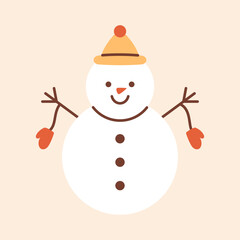 Vector illustration of smiling snowman in yellow hat with red pom pom, mittens, buttons with stick arms. Cheerful winter holiday character for Christmas, cards, seasonal decor, and children design.