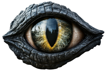 Close-up view of a detailed monster eye with an expressive golden iris and unique texture, highlighting the intense gaze and vivid colors that capture the imagination and evoke intrigue