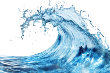 Water wave splashing upward in beautiful translucent blue on a clear background showing fluid motion and energy